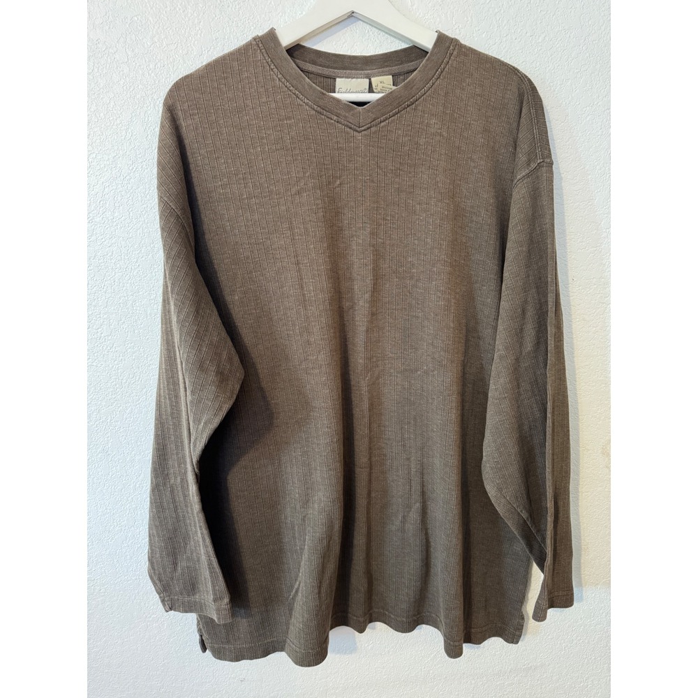Vintage Fieldmaster Mens Long‎ Sleeve T Shirt Casual Brown Ribbed V Neck Casual